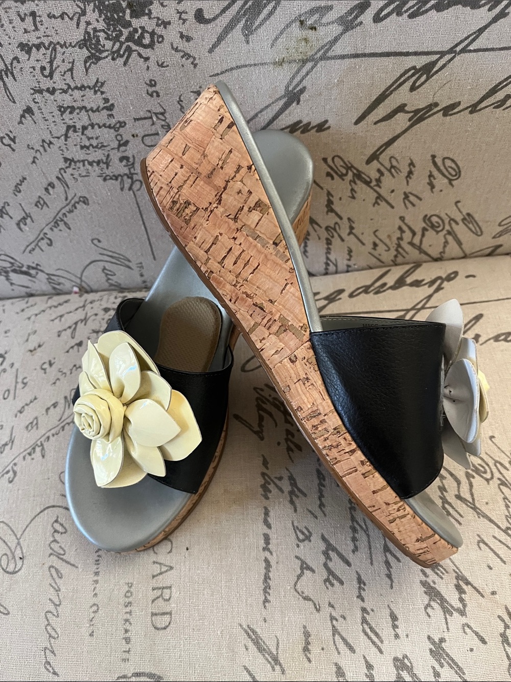 Brighton Helena leather slide sandals with flower cork wedges